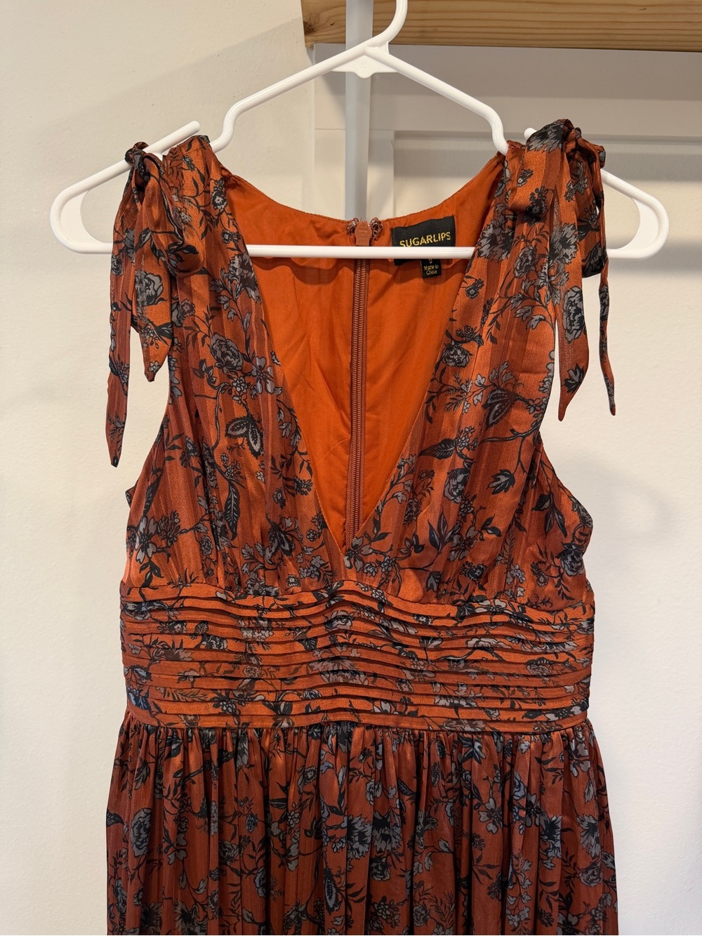 Sugarlips Rust Floral Maxi Dress with Tie Shoulder Accent